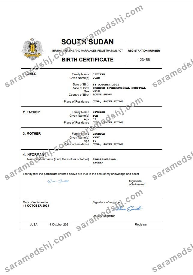 South Sudan vital record birth certificate Word and PDF template